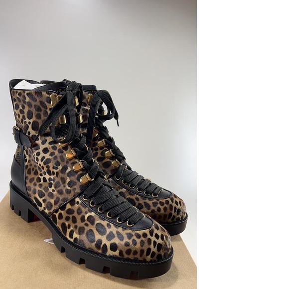 Macademia Calf Hair Fur Leopard Print Lace Up Moto Boots Booties E128